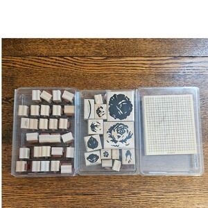 Stampin Up Wood Mounted Rubber Stamp Lot Cottage Rose Everyday Phrases Plaid